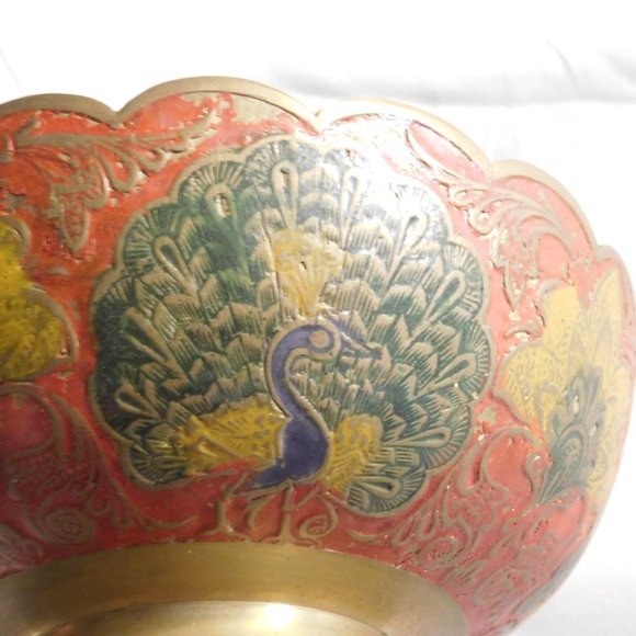 Vintage Peacock Floral Brass Enameled Bowl - Picture 5 of 7